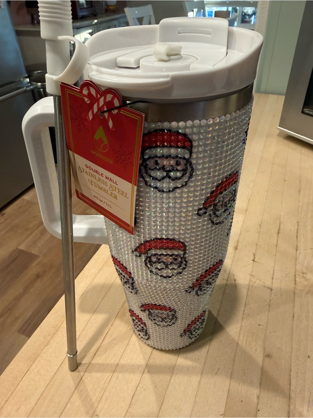 Holiday Santa Rhinestone Double-Wall Tumbler - White